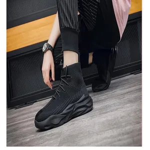 Stylish men's black high-top sock sneakers with breathable mesh and thick soles.