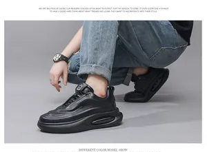 Side view of breathable black leather dad shoes for men with thick platform soles