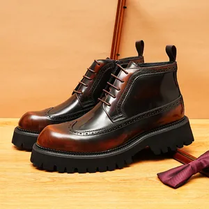 Men British Brogue Boots Genuine Leather High Top Business Casual Carving Wingtip Zip Boots Thick Sole Nonslip Footwear