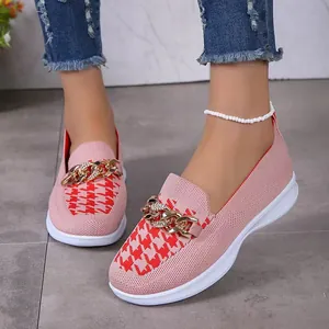 Chaussures décontractées roses en tricot pour femmes avec motif pied-de-poule rouge