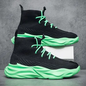Black and neon green high-top sock sneakers with breathable mesh and chunky sole