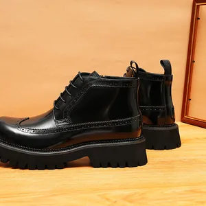Premium black shiny leather brogue boots for men with thick platform sole and side zipper