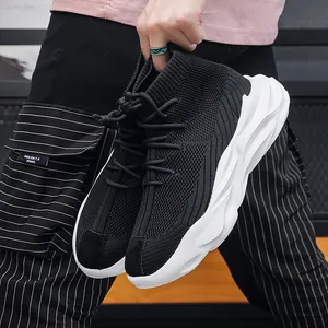 Men's high-top sock sneakers with breathable mesh and thick wavy white soles