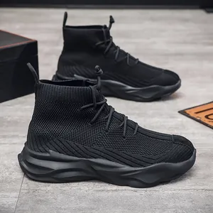 Men's stylish black high-top knit sock sneakers with chunky soles for daily wear