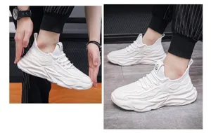 Vista dettagliata delle sneakers bianche traspiranti con suola spessa e mesh flyknit