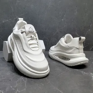 Side view of premium white leather chunky sneakers for men with air cushion sole