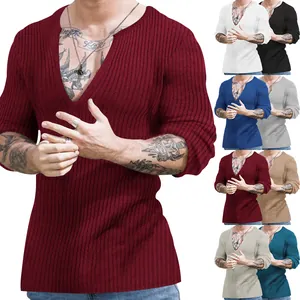 Detailed view of men's deep V-neck slim-fit ribbed knit shirt in various colors