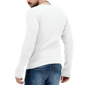 Back view of men's slim fit white ribbed knit long sleeve V-neck base layer shirt