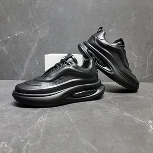 Side view of black genuine leather chunky sneakers for men with platform sole