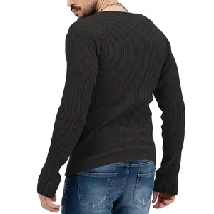 Back view detail of men's slim fit dark grey ribbed knit sweater featuring V-neck design