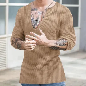Men's khaki slim-fit ribbed sweater with deep V-neck and long sleeves for casual wear
