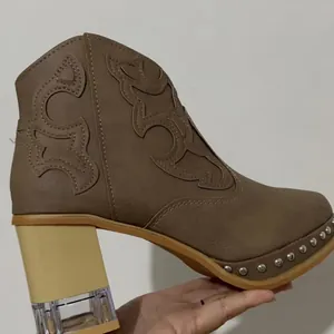 Bottines de Mode pour Femmes Style Occidental Avec Broderie et Rivets Talon Bloc en Acrylique Transparent et Fermeture Éclair