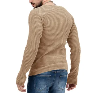 Back view of a men's slim fit khaki ribbed knit long sleeve sweater with detailed texture