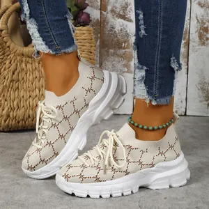 Stylish off-white platform sneakers with unique knitted monogram pattern for women
