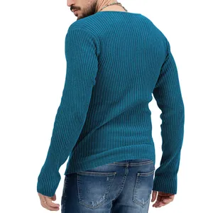 Detailed back view of a men's teal slim fit long sleeve ribbed knit sweater in soft fabric