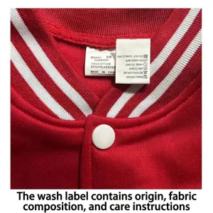 Close-up of baseball jacket care label showing 35% cotton and 65% polyester blend