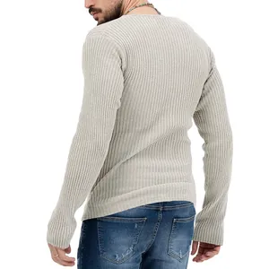 Detailed back view of a men's slim-fit ribbed long-sleeve knit sweater in beige