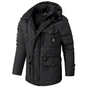 Parka d'hiver noire mi-longue pour homme avec doublure polaire et capuche