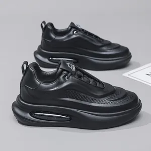 Men's black genuine leather chunky sneakers with breathable design and thick sole