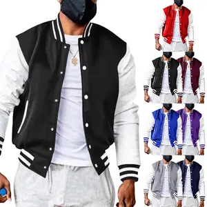 Men's Colorblock Varsity Jacket Casual Long Sleeve Stand Collar Single-Breasted Fleece Outerwear Fall Fashion Coat
