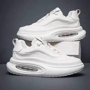 Premium white leather chunky sneakers for men with breathable air cushion sole