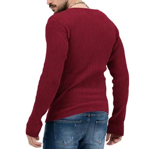 Back view of men's slim fit ribbed knit long sleeve sweater in deep wine red