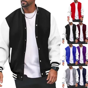 Detailweergave van heren varsity jack met verschillende kleuropties en contrastmouw details