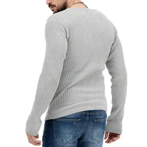 Rear view of men's slim fit light grey ribbed knit long sleeve thermal base layer