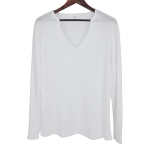 Men's thin white V-neck long sleeve knitted T-shirt featuring a unique ribbed texture design