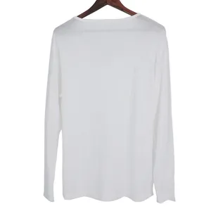 Back view of men's lightweight white ribbed knit long-sleeve T-shirt on wooden hanger