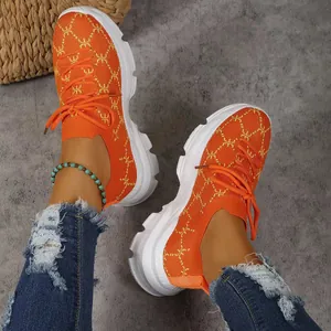 Women Platform Sneakers Height Increasing Flying Knit Breathable Casual Korean Style Low Top Lace Up Shoes For Travel Daily