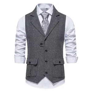 Elegante gilet vintage da uomo in tweed a spina di pesce con revers e tasche con patta