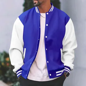 Klassieke blauw-witte varsity-jas voor heren met gestreepte boorden en drukknopen