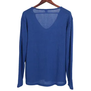 Detail view showing the back of a lightweight blue ribbed V-neck long-sleeve knit shirt