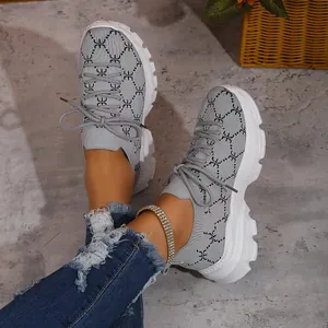 Stylish grey breathable knit platform sneakers for women with trendy patterned uppers