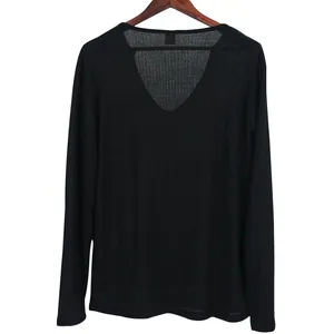 Back view of men's lightweight black V-neck long sleeve knit T-shirt on a wooden hanger