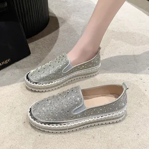 Mocassini con strass e suola spessa da donna, comode scarpe per il tempo libero argento