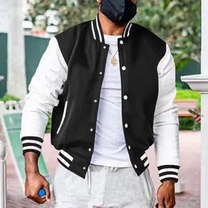 Detailed shot of black and white men's classic varsity jacket with fleece lining