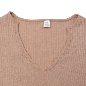 Close-up of men's V-neck ribbed knit shirt neckline showing size and material tag