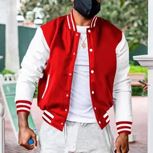 Close-up of a classic red and white varsity jacket with striped cuffs and snap buttons.