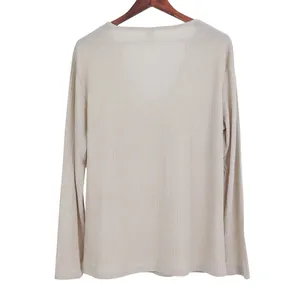 Back view of lightweight men's V-neck ribbed knit long sleeve T-shirt in beige
