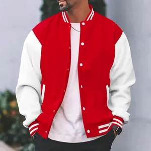 Klassiek rood en wit heren varsity baseball jack met fleecevoering en drukknopen