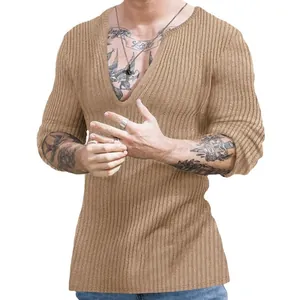 Stylish slim fit men's deep V-neck long sleeve solid ribbed knit sweater in khaki finish