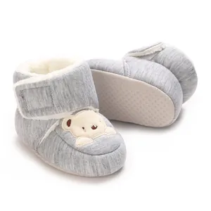 Cozy grey winter baby booties with cute bear embroidery and warm fleece lining.