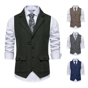 Gilet da Abito da Uomo Retrò in Tweed a Spina di Pesce Slim Fit Revers Monopetto Business Casual