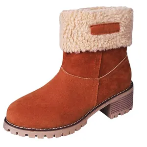 Bottes d'hiver pour femmes en daim marron avec revers en fausse fourrure