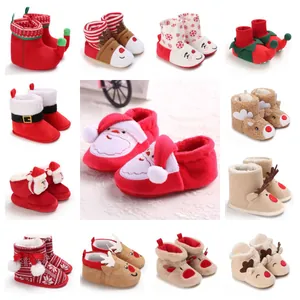 Collection of festive infant Christmas shoes featuring Santa Claus and reindeer designs