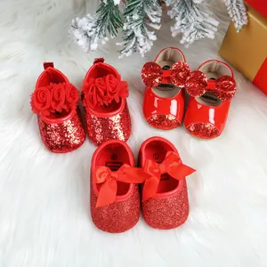 Festive red glitter baby princess shoes with bows for Christmas gift