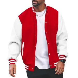 Heren Casual Varsity Baseballjack Contrastkleur Fleece Gevoerd Bomberjack met Knoppen Jongeren Mode Sportieve Bovenkleding Top
