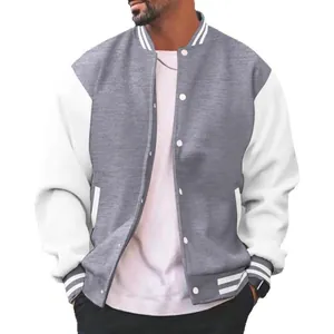 Casual grijs-wit varsity baseballjack voor heren met gestreepte kraag- en manchetaccenten